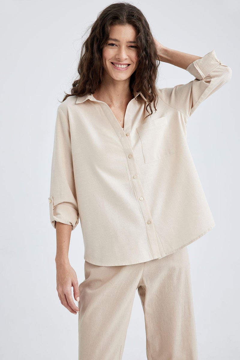 Woman Regular Fit Long Sleeve Linen Look Shirt