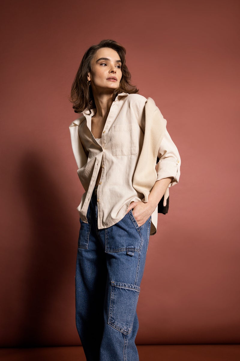 Woman Regular Fit Long Sleeve Linen Look Shirt