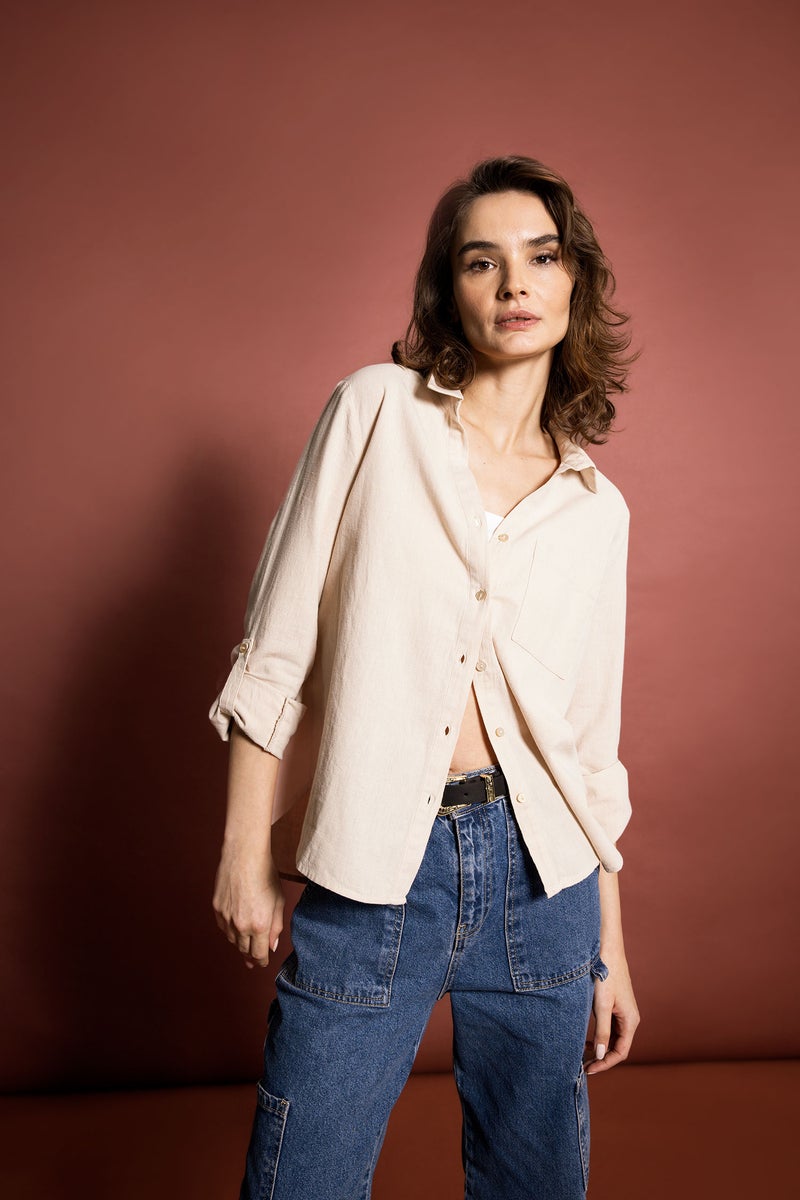 Woman Regular Fit Long Sleeve Linen Look Shirt