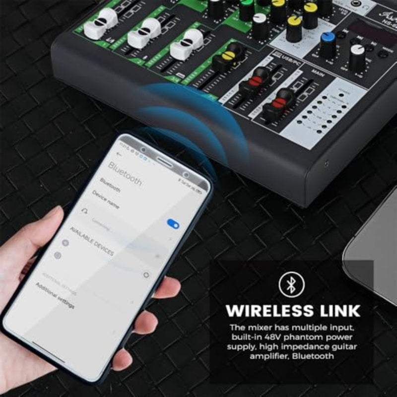 خلاط صوت، نظام وحدة تحكم احترافي بلوحة صوت 4 قنوات مع بلوتوث، مدخل USB MP3، طاقة فانتوم 48 فولت للبث والكاريوكي والكمبيوتر الشخصي والجيتار - Image 2
