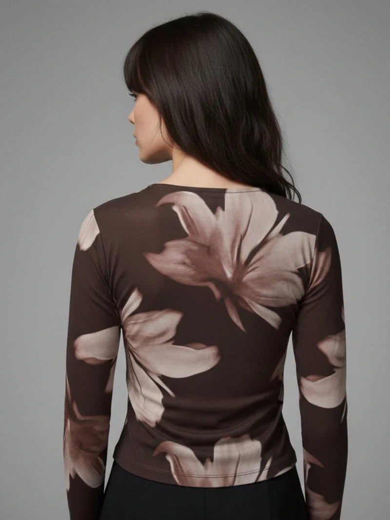 Outzidr  Brown Printed Mesh Top With Metal Trims for Women | Best Price UAE