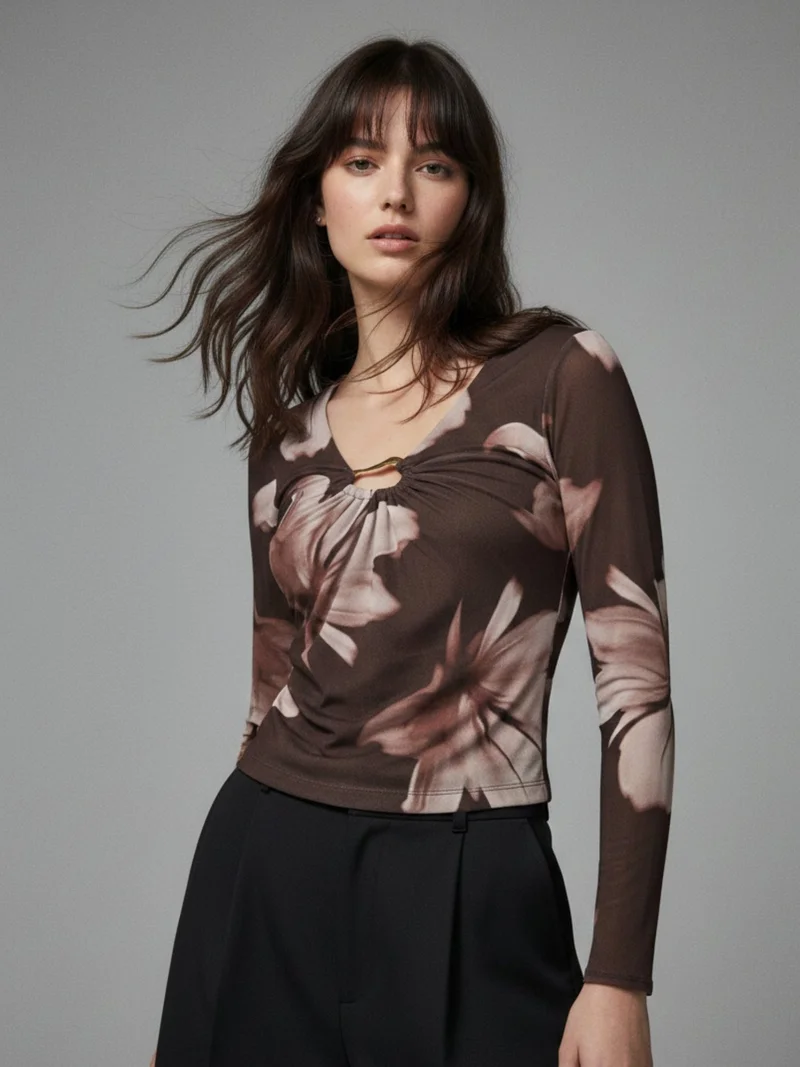 Brown Printed Mesh Top With Metal Trims