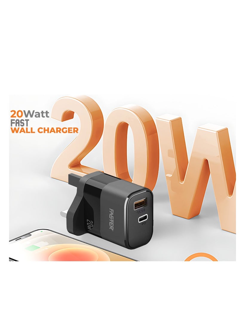 Faster - 20W QC 3.0 Dual Port Fast Charger - Compact Wall Adapter for iPhone and Android, Laptop, Macbook - 20 Watt PD Charger Block for Mobile Phone, Portable and Fast Charging with 1 USB-C and 1 USB-A Ports - Image 1
