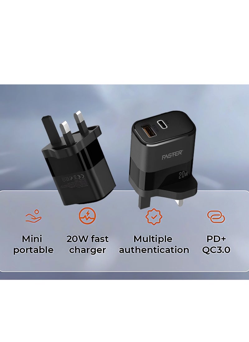 Faster - 20W QC 3.0 Dual Port Fast Charger - Compact Wall Adapter for iPhone and Android, Laptop, Macbook - 20 Watt PD Charger Block for Mobile Phone, Portable and Fast Charging with 1 USB-C and 1 USB-A Ports - Image 1