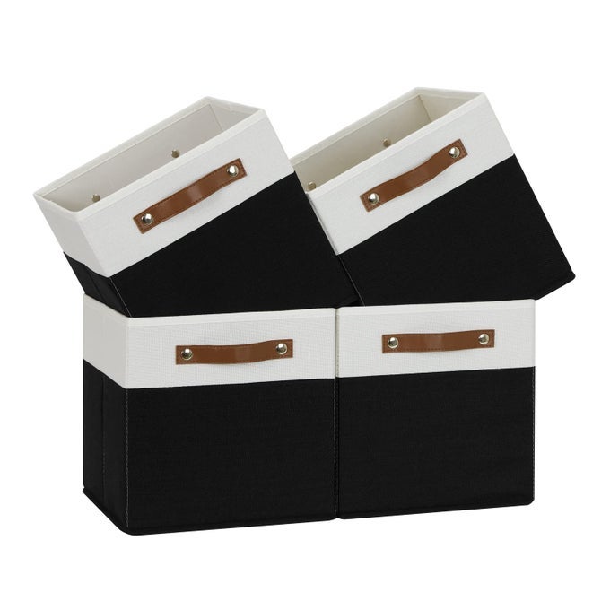 11 INCH CUBE STORAGE BIN 4 PACK FABRIC STORAGE CUBES FOR HOME FABRIC STORAGE BIN STORAGE CUBE BINS WITH LEATHER HANDLESWHITEBLACK