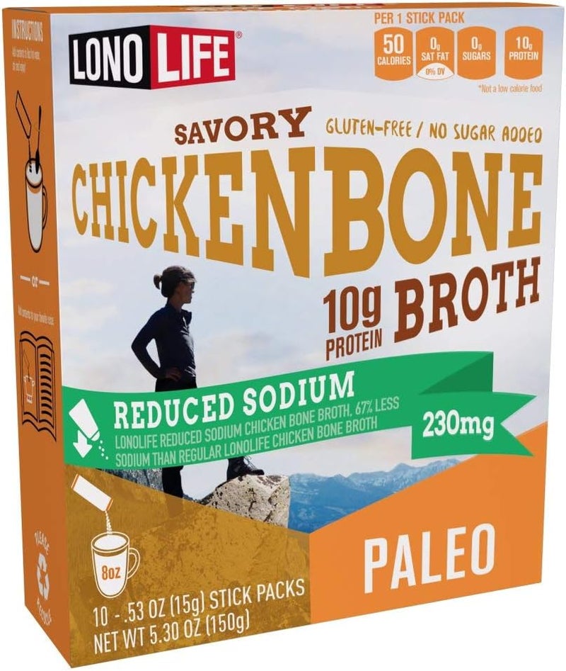 LonoLife Reduced Sodium Chicken Bone Broth Sticks - 10g Protein, Keto-Friendly, 10 Portable Servings - Image 1
