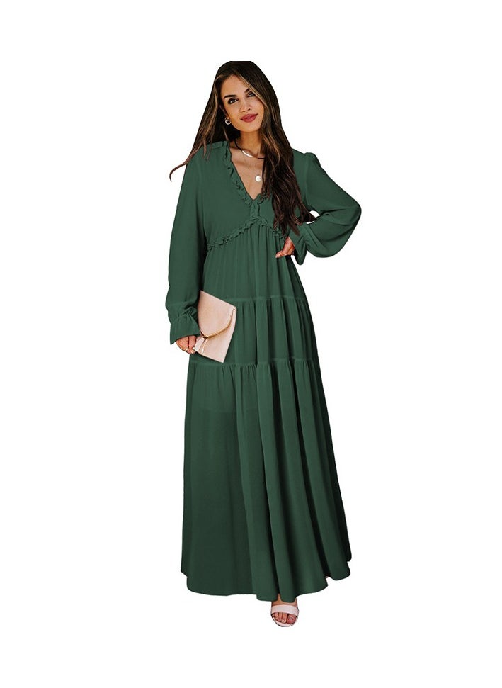 Loquat Solid Green Maxi dress Long Sleeved Dress 