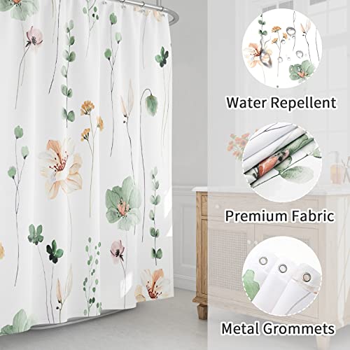 Gibelle Watercolor Floral Shower Curtain, Sage Green Beige Flower Shower Curtain for Bathroom, Modern Minimalist White Waterproof Fabric Shower Curtain Set with Hooks 72x72 Inch - Image 3