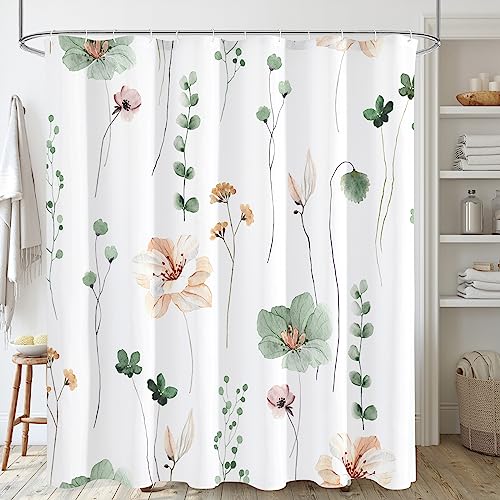 Gibelle Watercolor Floral Shower Curtain, Sage Green Beige Flower Shower Curtain for Bathroom, Modern Minimalist White Waterproof Fabric Shower Curtain Set with Hooks 72x72 Inch - Image 1