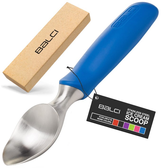 ICE CREAM SCOOP HEAVY DUTY STAINLESS STEEL ICECREAM SCOOPER WITH NONSLIP RUBBER GRIP PROFESSIONAL METAL ICECREAM SPADE DISHWASHER SAFE BLUE