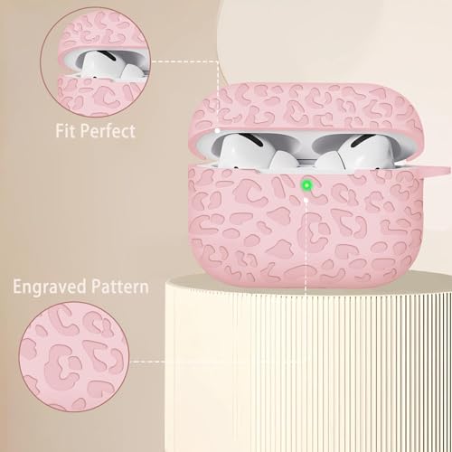 Gawnock Carving Case Compatible with AirPods Pro 3 Generation 2025 Cover with Keychain, Gawnock Engraved Leopard Skin Soft Cover for AirPods Pro 3 Case Full Protection,Front LED Visible, Pink - Image 3