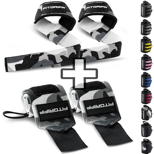 Fitgriff® Lifting Straps & Wrist Wraps (Bundle) Superior Support for Weightlifting & Gym Workouts - for Men and Women (Camo Grey) - Image 1