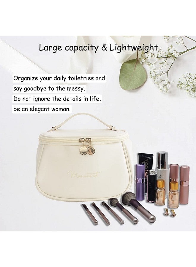 ARLICORPING Makeup Storage Bag,Portable Cosmetic Bag,Pu Leather Multifunctional Vanity Bag for Makeup,Cosmetic Brush Case,Cosmetic Travel Bag for Women Organization Bag with Handle(Off White),11 cm - Image 4