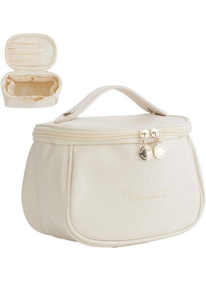 ARLICORPING Makeup Storage Bag,Portable Cosmetic Bag,Pu Leather Multifunctional Vanity Bag for Makeup,Cosmetic Brush Case,Cosmetic Travel Bag for Women Organization Bag with Handle(Off White),11 cm - Image 1