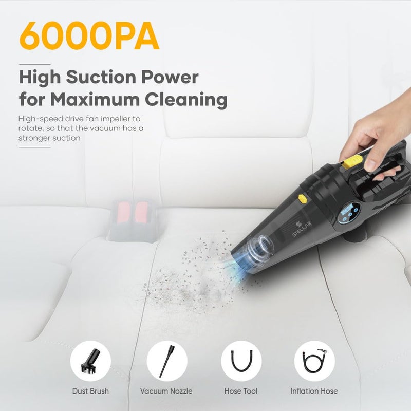 STELLAR DRIVE مكنسة سيارات ستيلار درايف مع مضخة هواء للإطارات | 6000 با | 12 فولت تيار مستمر | شاشة LCD | 150 PSI مضخة هواء رقمية لإطارات السيارات | ضوء LED | مكنسة للاستخدام في السيارة | أسود - Image 3
