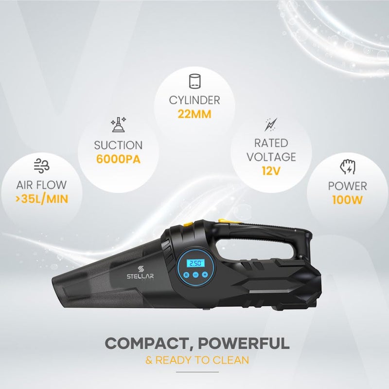 STELLAR DRIVE مكنسة سيارات ستيلار درايف مع مضخة هواء للإطارات | 6000 با | 12 فولت تيار مستمر | شاشة LCD | 150 PSI مضخة هواء رقمية لإطارات السيارات | ضوء LED | مكنسة للاستخدام في السيارة | أسود - Image 5