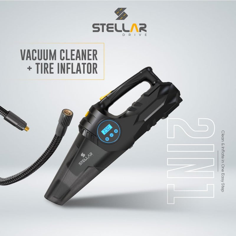STELLAR DRIVE مكنسة سيارات ستيلار درايف مع مضخة هواء للإطارات | 6000 با | 12 فولت تيار مستمر | شاشة LCD | 150 PSI مضخة هواء رقمية لإطارات السيارات | ضوء LED | مكنسة للاستخدام في السيارة | أسود - Image 2