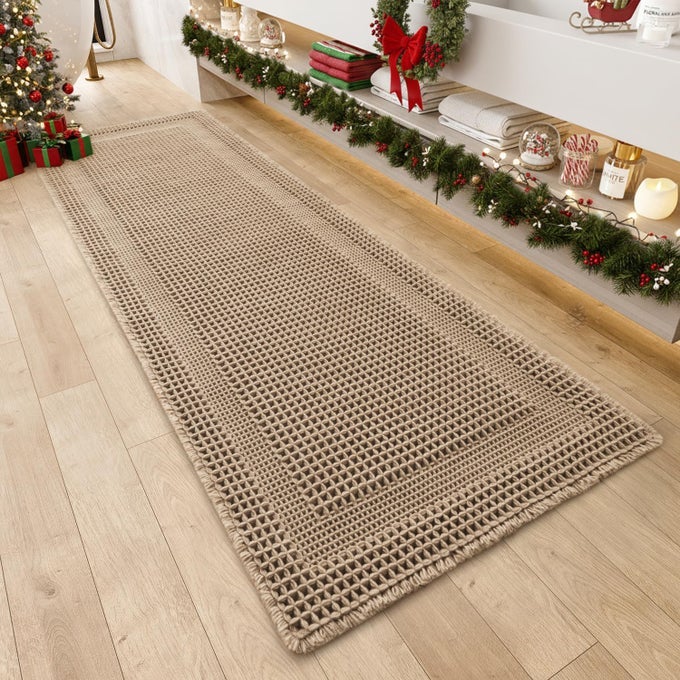 WAFFLE BATHMAT ABSORBENT BATH MATS FOR BATHROOM NON SLIP MACHINE WASHABLE BATHROOM RUGS WITH TASSELS ULTRA SOFT BOHO BATH RUGS FOR FLOOR 2X624X72 BEIGE