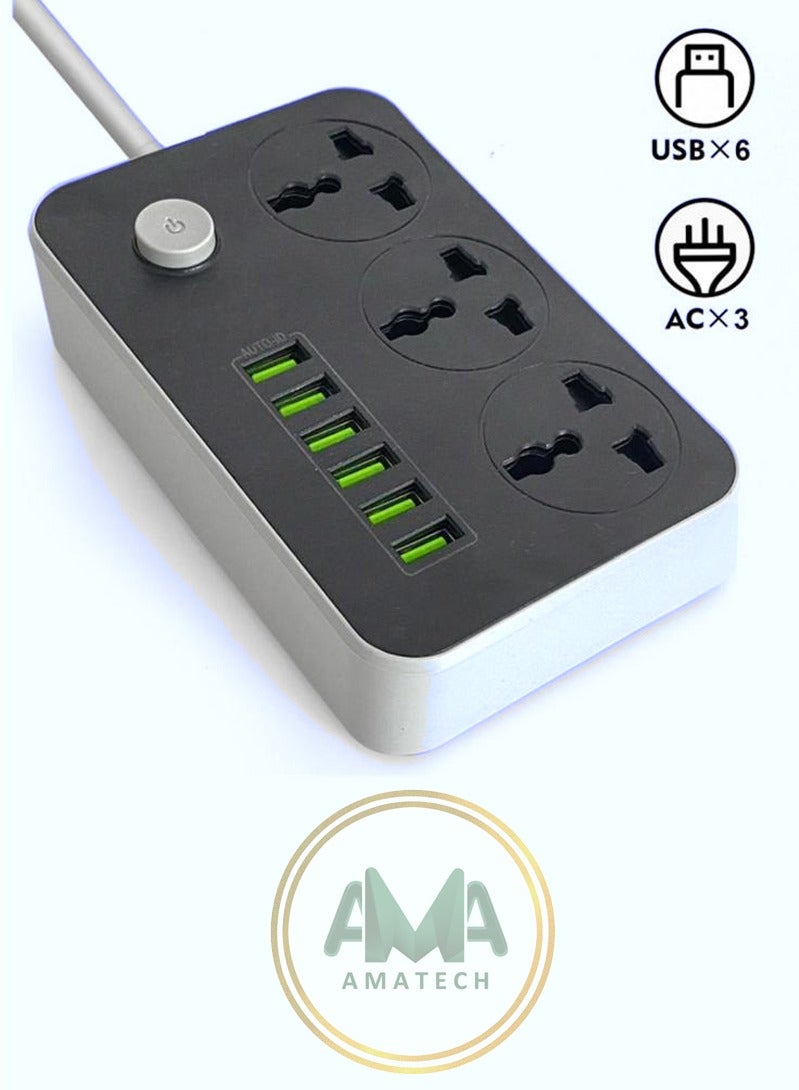سلك تمديد أسلاك توصيل الكهرباء 3 منافذ مقبس شحن مع 6 منافذ USB مقبس شحن عالمي 2 متر سلك تمديد جريء - Image 1