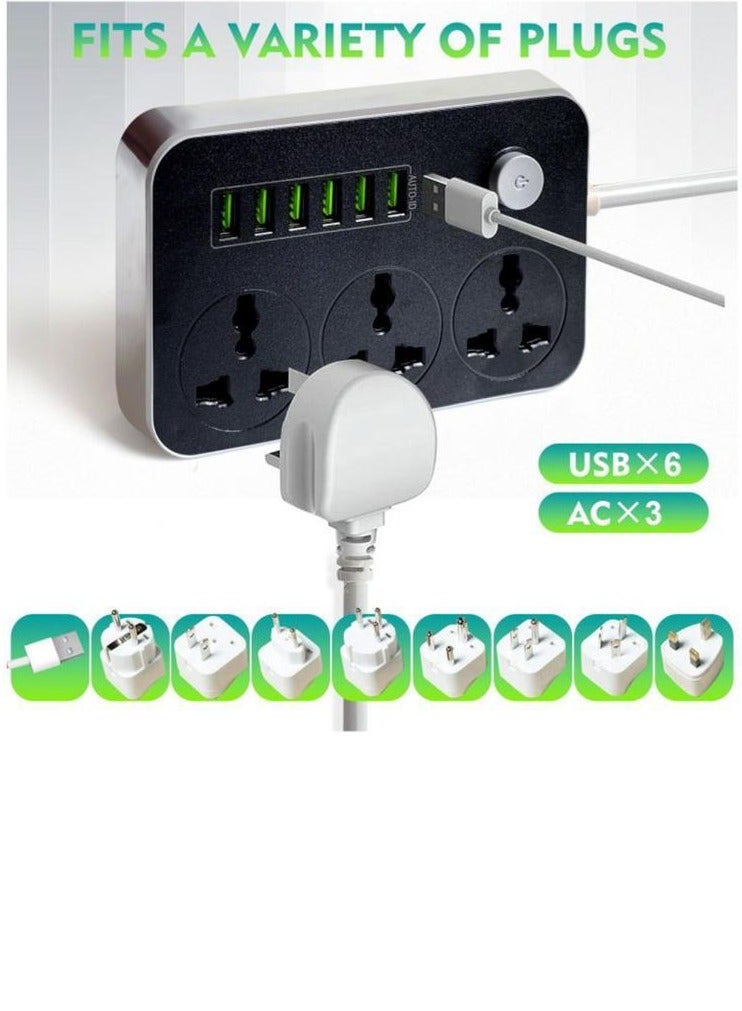 سلك تمديد أسلاك توصيل الكهرباء 3 منافذ مقبس شحن مع 6 منافذ USB مقبس شحن عالمي 2 متر سلك تمديد جريء - Image 4