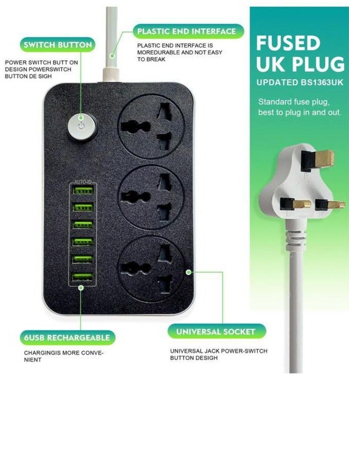 سلك تمديد أسلاك توصيل الكهرباء 3 منافذ مقبس شحن مع 6 منافذ USB مقبس شحن عالمي 2 متر سلك تمديد جريء - Image 3