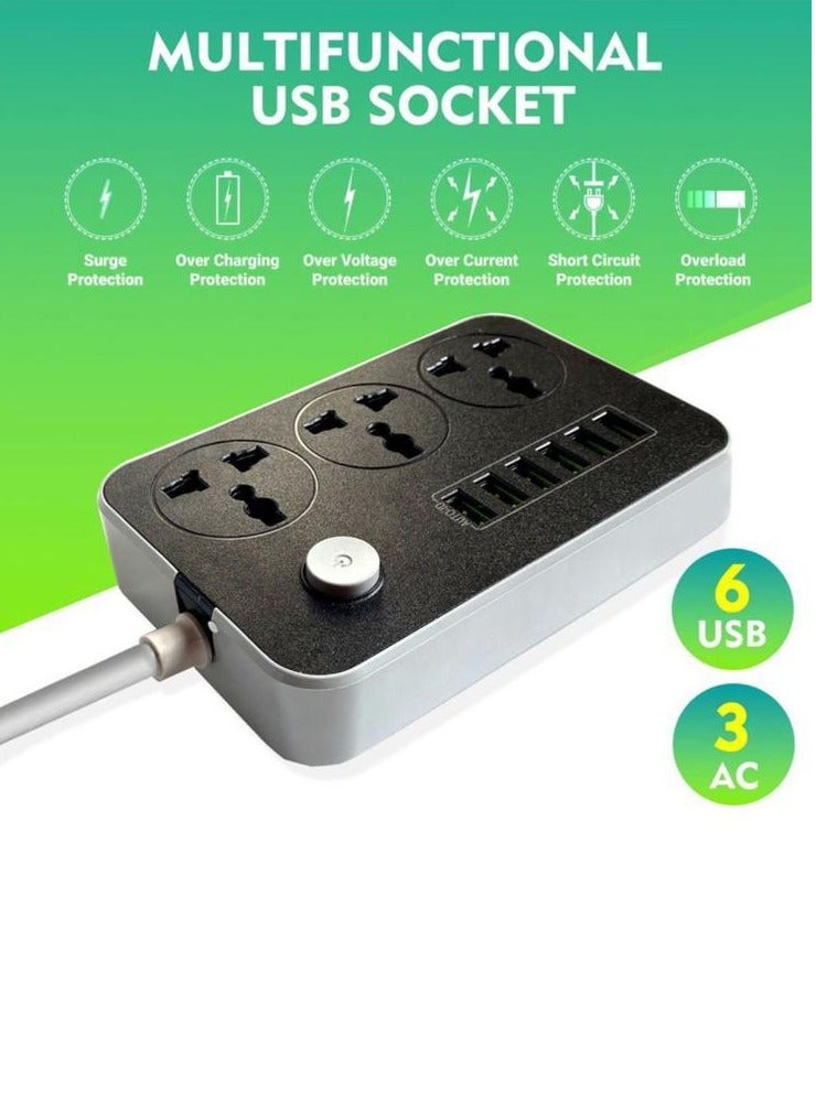 سلك تمديد أسلاك توصيل الكهرباء 3 منافذ مقبس شحن مع 6 منافذ USB مقبس شحن عالمي 2 متر سلك تمديد جريء - Image 2