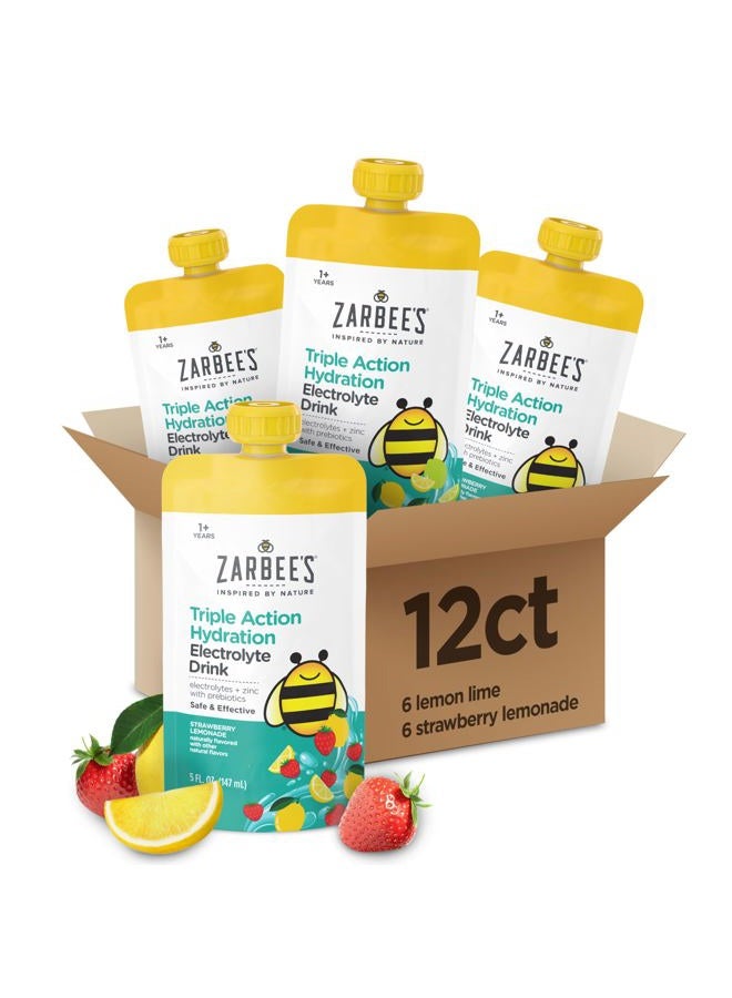 Zarbee's Triple Action Hydration Electrolyte Drink for Kids, Low Sugar with Prebiotics & Zinc, Mild to Moderate Dehydration, Strawberry Lemonade & Lemon Lime, 12 x 5 fl oz Pouches - Image 1