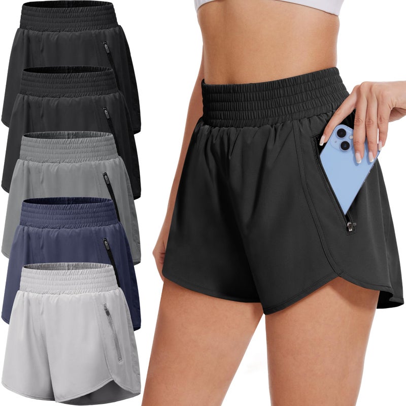 BALENNZ Women's 5 Pack Athletic Shorts with Zipper Pockets High Waisted Workout Gym Running Shorts,Medium - Image 1