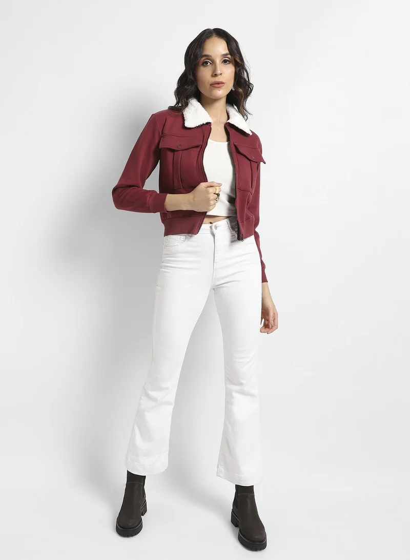 Pinacolada  Women's Maroon Flap Pocket Jacket With Fur Details for Women | Best Price UAE