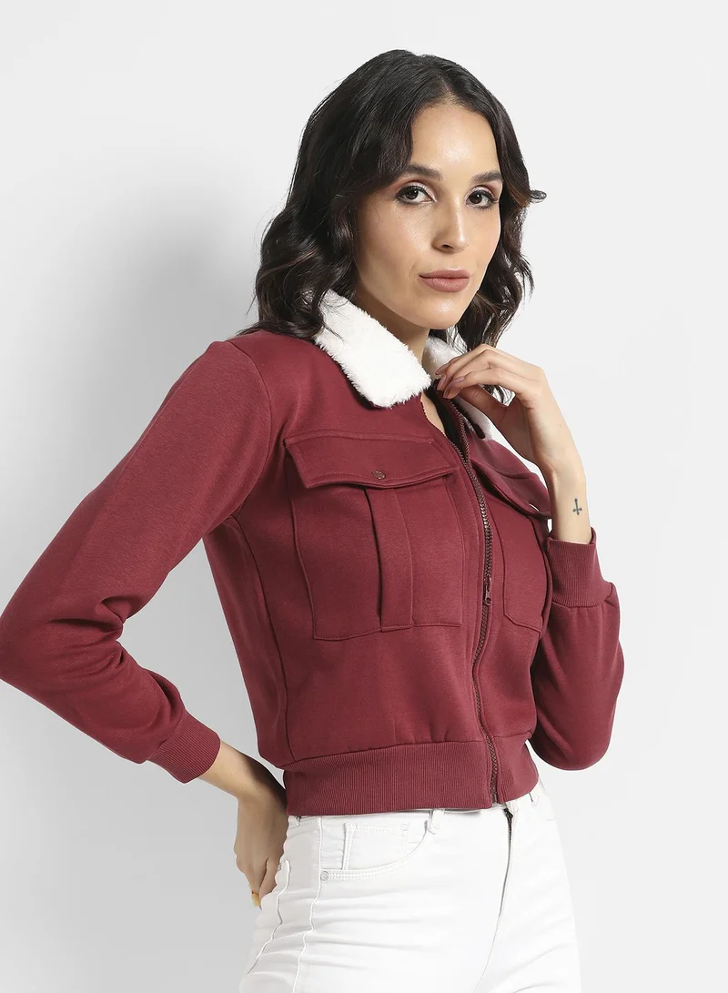 Pinacolada  Women's Maroon Flap Pocket Jacket With Fur Details for Women | Best Price UAE