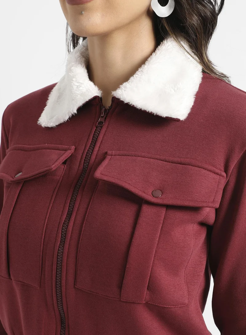 Pinacolada  Women's Maroon Flap Pocket Jacket With Fur Details for Women | Best Price UAE