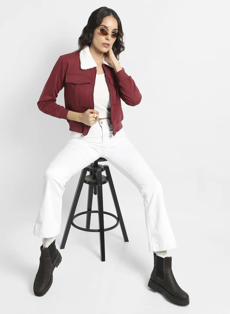 Pinacolada  Women's Maroon Flap Pocket Jacket With Fur Details for Women | Best Price UAE