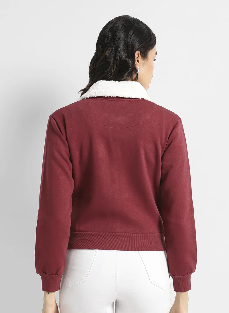 Pinacolada  Women's Maroon Flap Pocket Jacket With Fur Details for Women | Best Price UAE