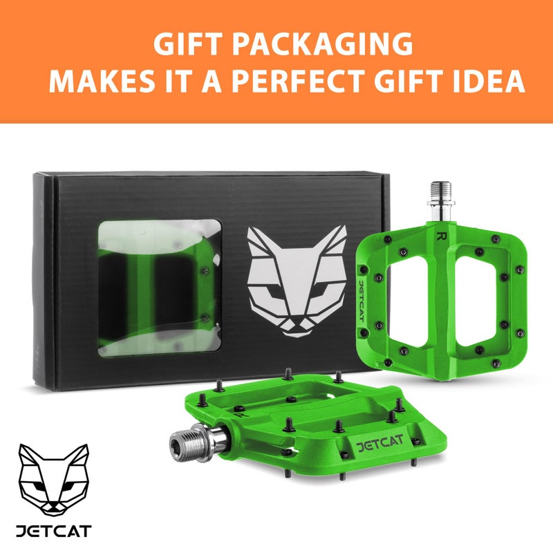 JETCAT Mountain Bike Pedals Flat - MTB Pedals Flat, Bicycle Pedals for BMX/MTN/Road/Gravel/EBike, BMX Pedals, Platform Pedals, Adults & Kids Bike Replacement - Green 9/16 - Image 4