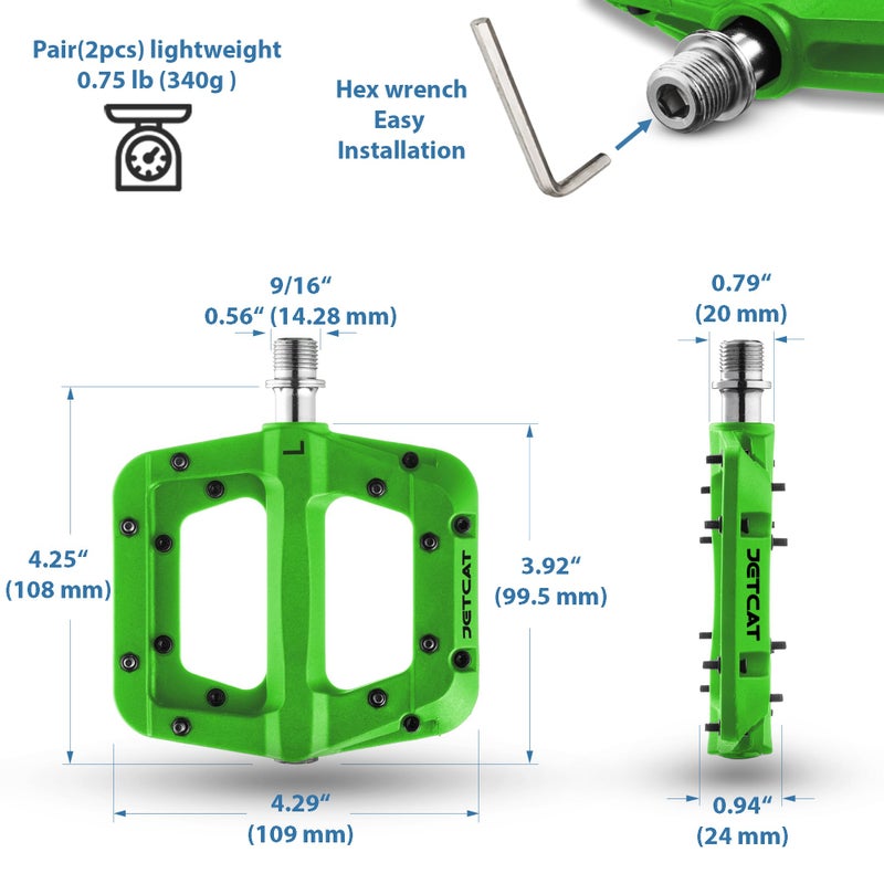 JETCAT Mountain Bike Pedals Flat - MTB Pedals Flat, Bicycle Pedals for BMX/MTN/Road/Gravel/EBike, BMX Pedals, Platform Pedals, Adults & Kids Bike Replacement - Green 9/16 - Image 2