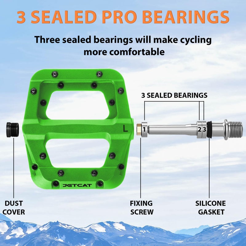 JETCAT Mountain Bike Pedals Flat - MTB Pedals Flat, Bicycle Pedals for BMX/MTN/Road/Gravel/EBike, BMX Pedals, Platform Pedals, Adults & Kids Bike Replacement - Green 9/16 - Image 3
