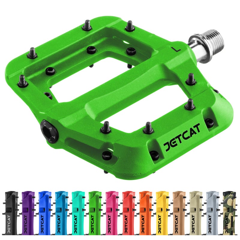 JETCAT Mountain Bike Pedals Flat - MTB Pedals Flat, Bicycle Pedals for BMX/MTN/Road/Gravel/EBike, BMX Pedals, Platform Pedals, Adults & Kids Bike Replacement - Green 9/16 - Image 1
