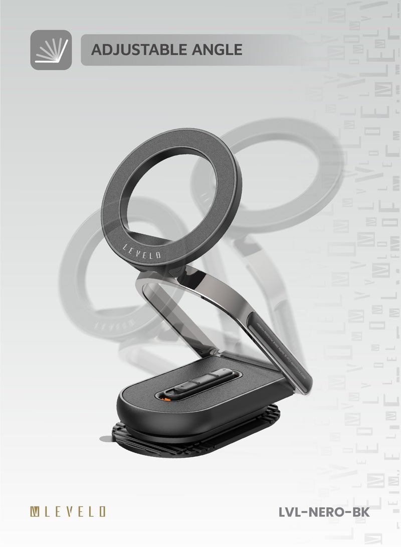 ليفيلو حامل الهاتف / حامل Nero MagSafe المحمول للسيارة وعصا السيلفي / متوافق مع الهواتف العالمية / كوب شفط قوي / مغناطيس قوي / زاوية قابلة للتعديل / قابل للطي - أسود - Image 4