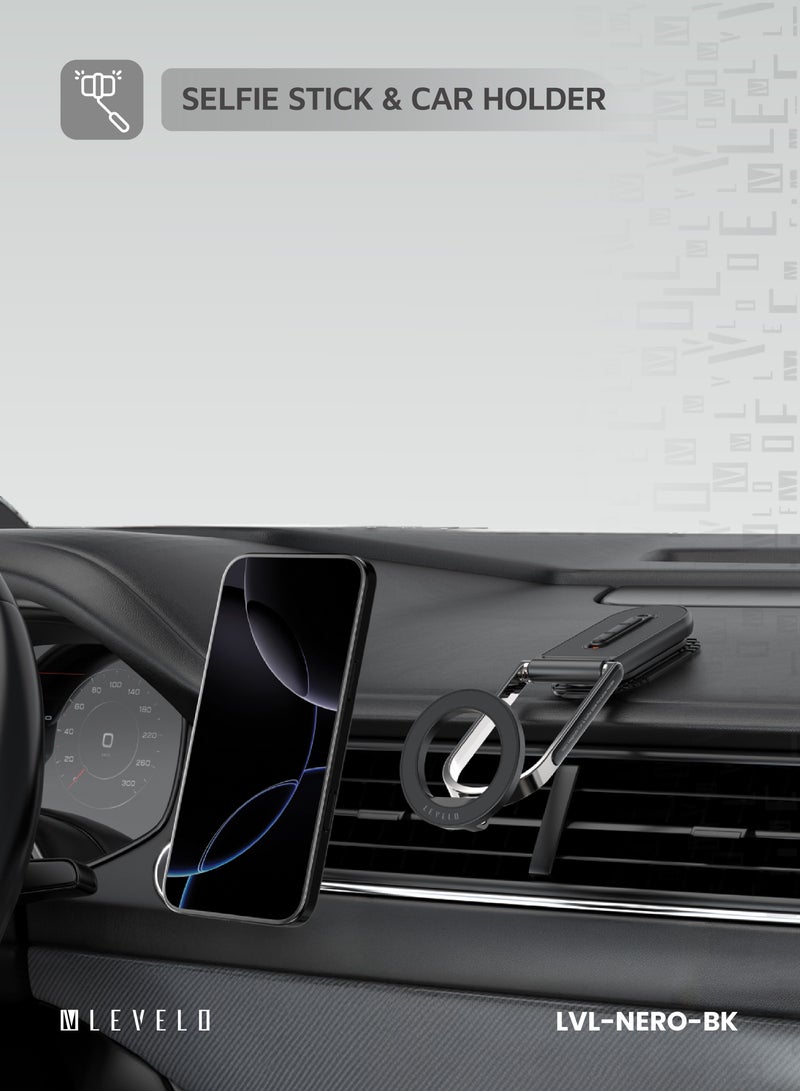 ليفيلو حامل الهاتف / حامل Nero MagSafe المحمول للسيارة وعصا السيلفي / متوافق مع الهواتف العالمية / كوب شفط قوي / مغناطيس قوي / زاوية قابلة للتعديل / قابل للطي - أسود - Image 3