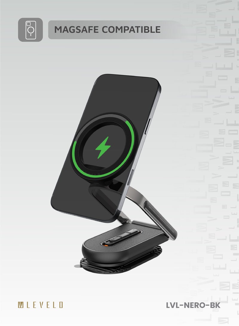 ليفيلو حامل الهاتف / حامل Nero MagSafe المحمول للسيارة وعصا السيلفي / متوافق مع الهواتف العالمية / كوب شفط قوي / مغناطيس قوي / زاوية قابلة للتعديل / قابل للطي - أسود - Image 5