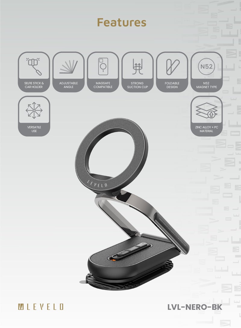ليفيلو حامل الهاتف / حامل Nero MagSafe المحمول للسيارة وعصا السيلفي / متوافق مع الهواتف العالمية / كوب شفط قوي / مغناطيس قوي / زاوية قابلة للتعديل / قابل للطي - أسود - Image 2