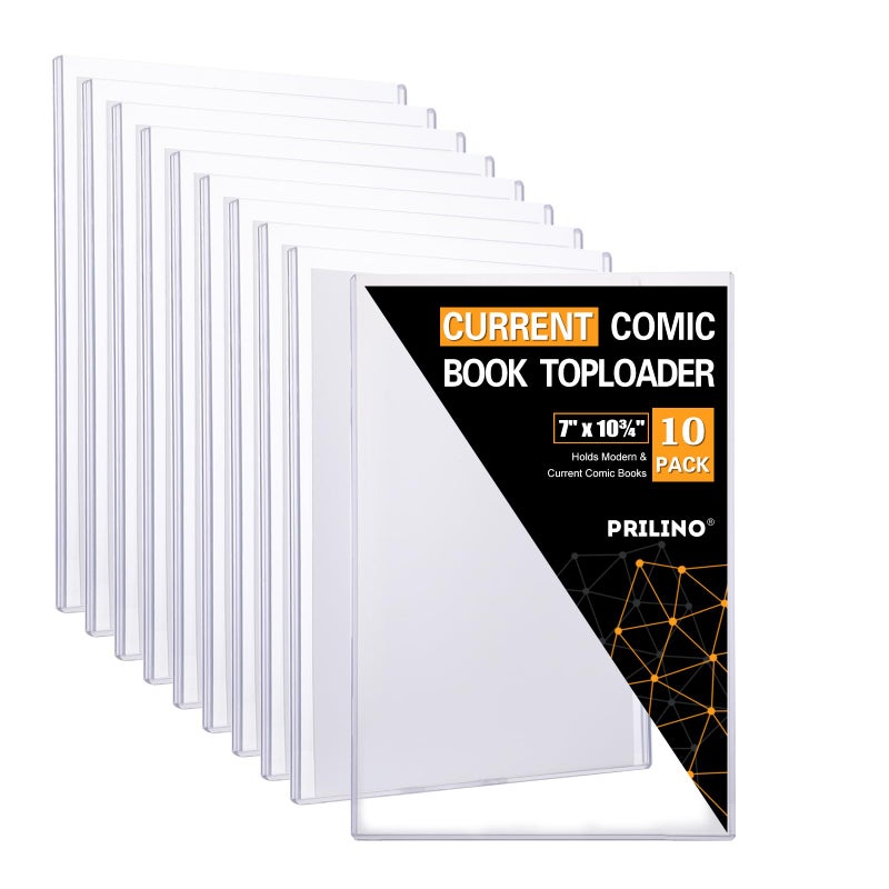 Prilino 10ct Current Comic Book Toploaders - Modern Comic Book Top loaders, Crystal Clear Regular Comic Book Topload, Premium PVC Comic Book Holder, Crystal Clear Protection for Display, Storage, Collection - Image 1