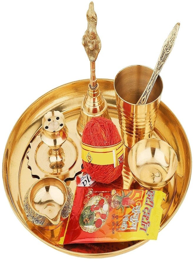 NOBILITY Brass Pooja thali 7 Inch with Kalash Kuber Diya and Other Accessories Ganesh Lakshmi Design Subh Labh Daily Puja Thali Set for Festival Home Office Mandir Diwali Gift Items - Image 1