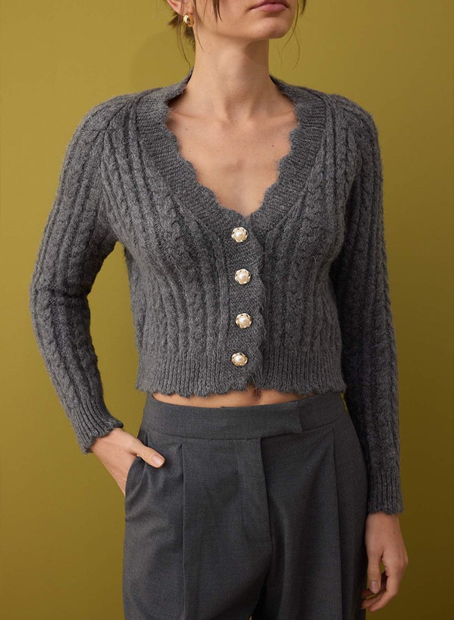 trendyol Anthracite Soft Textured Pearl Button Detailed Crop Knitwear Cardigan - Image 3