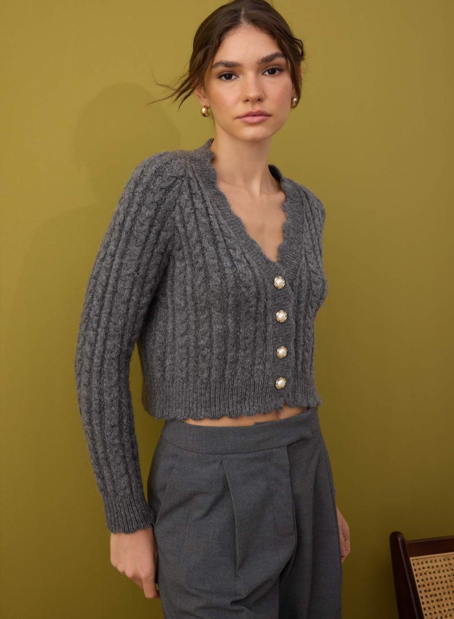 trendyol Anthracite Soft Textured Pearl Button Detailed Crop Knitwear Cardigan - Image 2