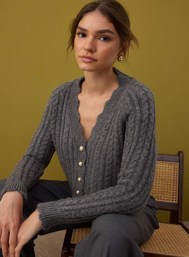 trendyol Anthracite Soft Textured Pearl Button Detailed Crop Knitwear Cardigan - Image 1