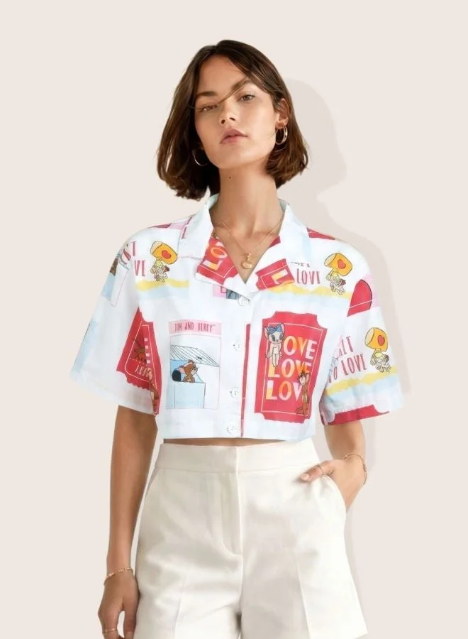 Freehand Women Relaxed Fit Character V-Neck Short Sleeve Crop Boxy Shirt