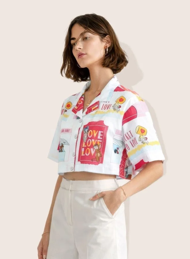 Freehand Women Relaxed Fit Character V-Neck Short Sleeve Crop Boxy Shirt