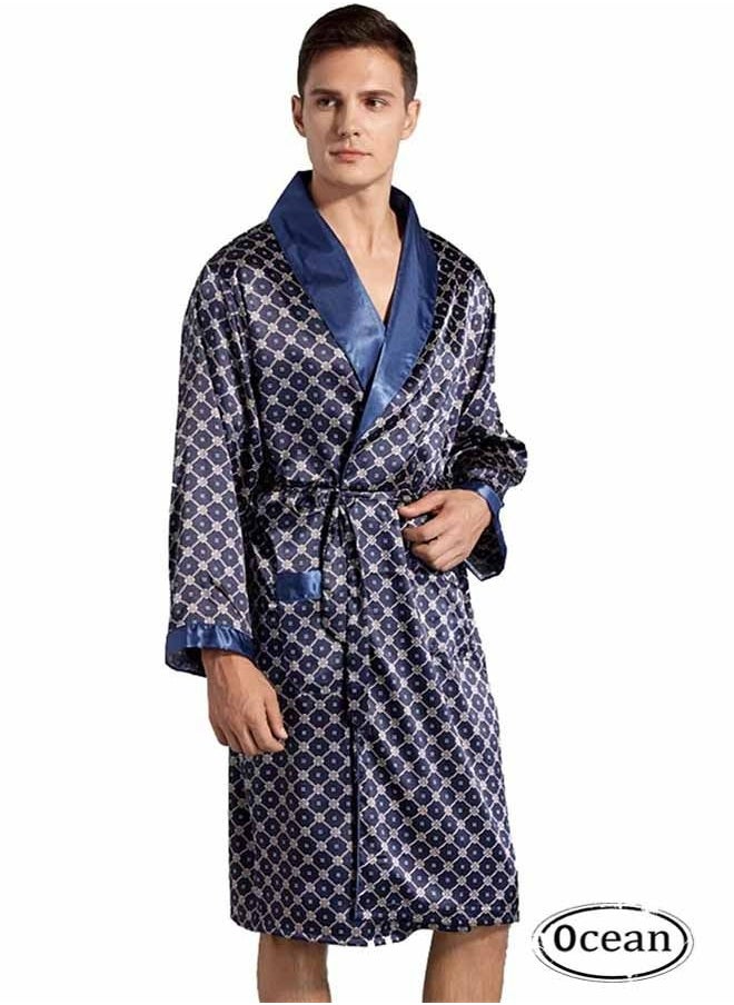 Ocean Men's Polyester Long Sleeved Nightgown (Dark Blue), Modern style V-Neck Print Design, with Simple Pockets, Essential Cozy Sleeping Pajamas for Business Trips and Home Wear  - Image 1