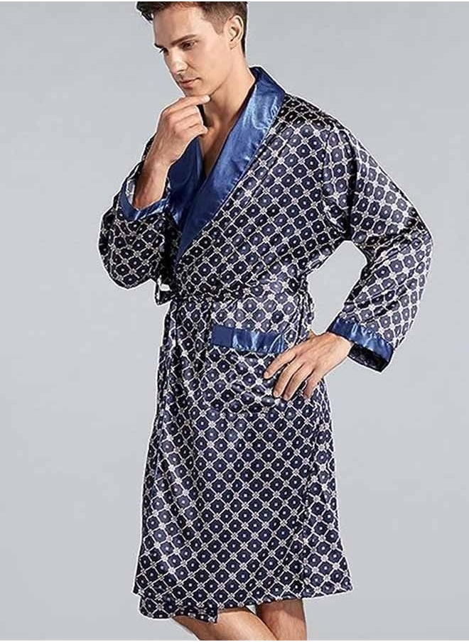 Ocean Men's Polyester Long Sleeved Nightgown (Dark Blue), Modern style V-Neck Print Design, with Simple Pockets, Essential Cozy Sleeping Pajamas for Business Trips and Home Wear  - Image 2